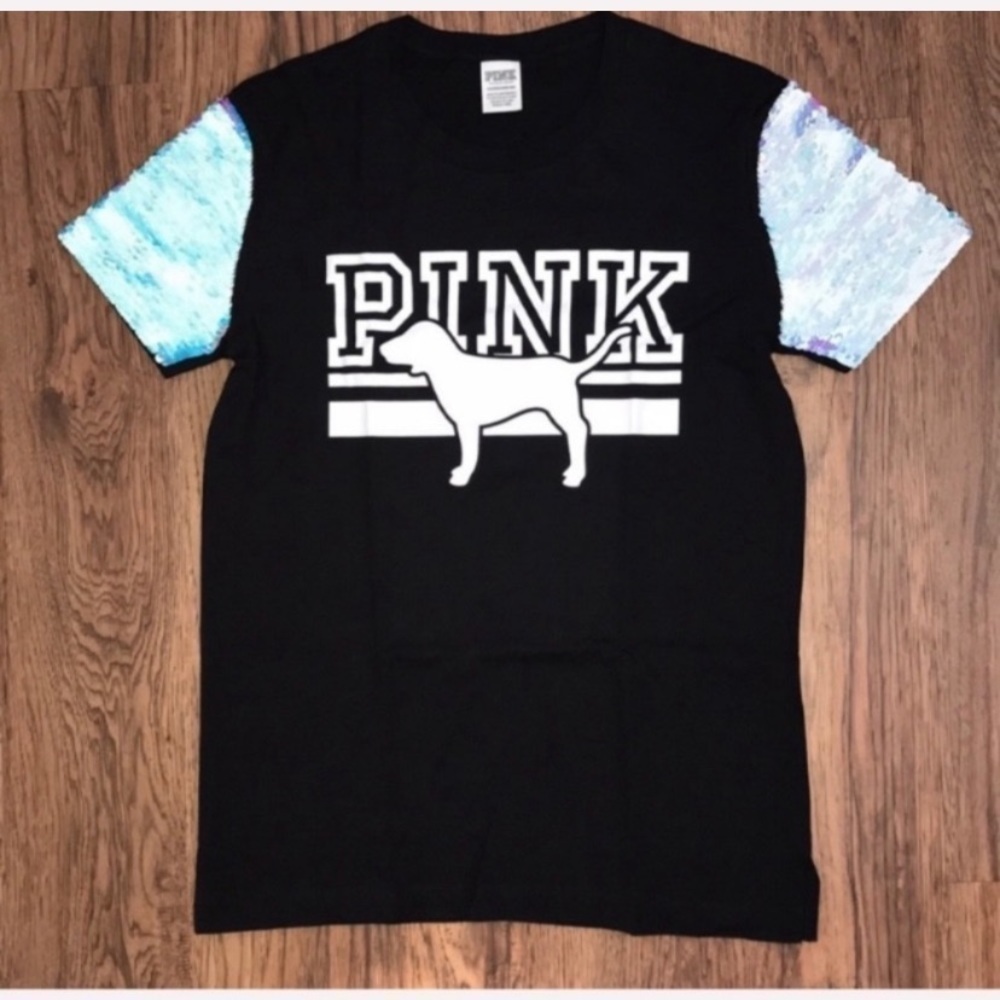 VS PINK Mermaid Flip Sequin Bling Campus Short Sleeve Top